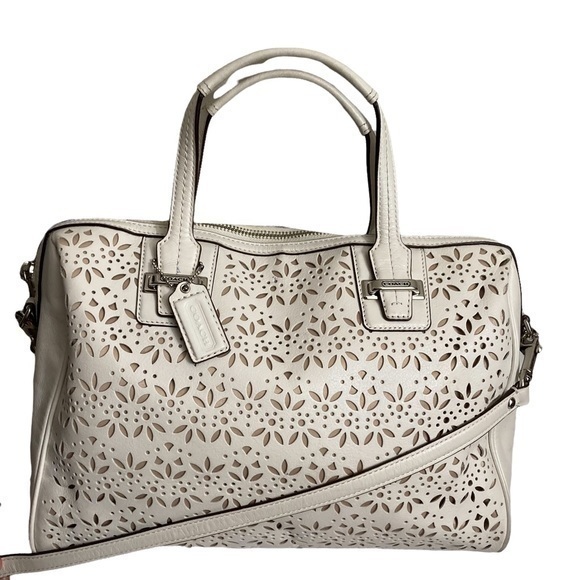 Coach creamy white eyelet perforated lace leather two way satchel bag with strap - Picture 1 of 14
